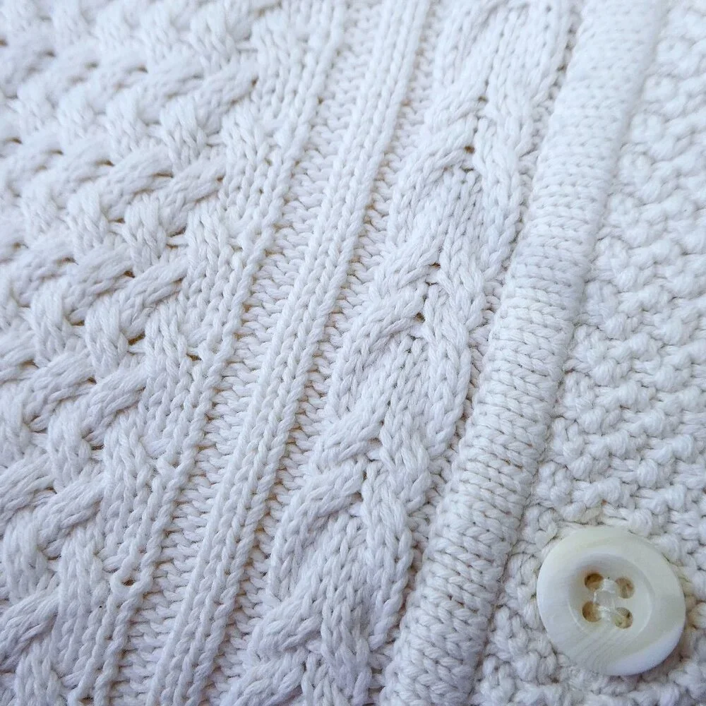 Vintage LL Bean Ivory 3D Cable Knit Cardigan Mock Neck Fisherman Cotton Plus 2x